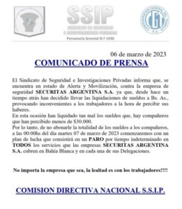 Estado de Alerta y Movilización contra Securitas S A SSIP