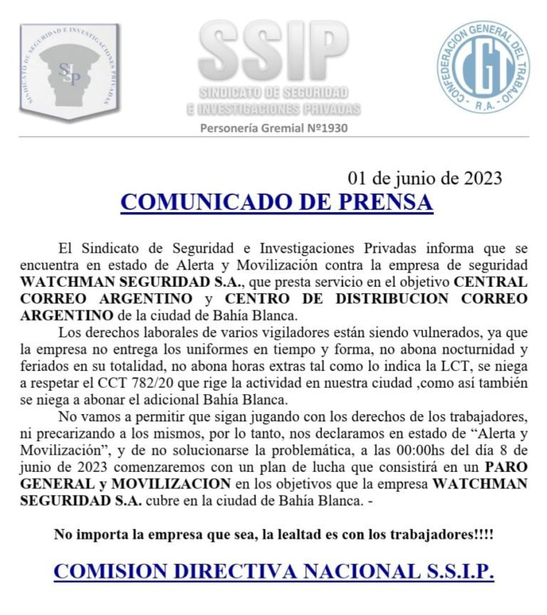 Estado De Alerta Y Movilizacion Contra Watchman SSIP