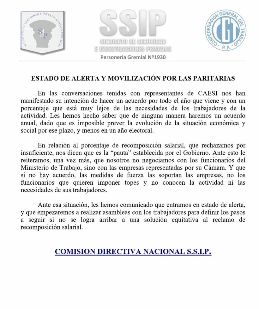 Estado de Alerta y Movilización por las Paritarias SSIP