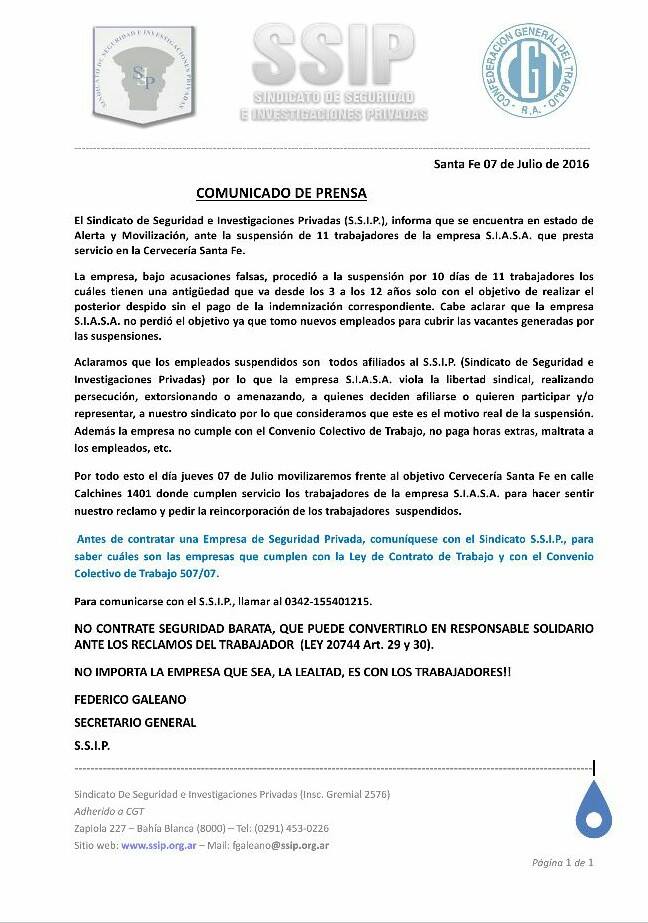 SSIP comunicado de prensa movilizacion empresa SIASA