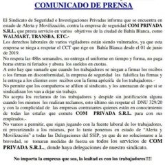 Estado de Alerta y Movilización contra la empresa de seguridad COM PRIVADA SRL