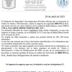 Estado de Alerta y Movilización contra empresa BRUJULA S.A.