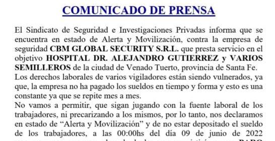 Estado de alerta y movilización contra CBM GLOBAL SECURITY S.R.L.