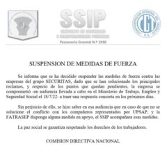 Suspensión medidas de fuerza contra Securitas S.A.