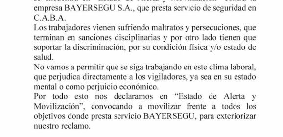 Estado de Alerta y Movilización contra Bayersegu S.A.