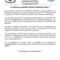 32 trabajadores reincorporados: el S.S.I.P. logró una victoria histórica