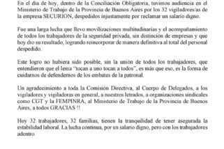 32 trabajadores reincorporados: el S.S.I.P. logró una victoria histórica