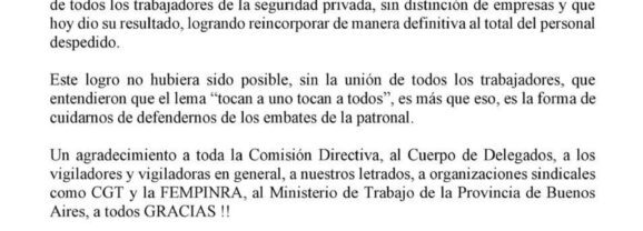32 trabajadores reincorporados: el S.S.I.P. logró una victoria histórica