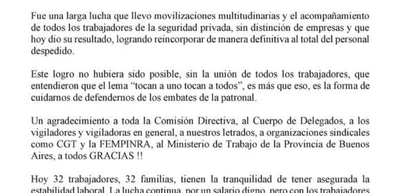 32 trabajadores reincorporados: el S.S.I.P. logró una victoria histórica
