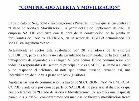 Nos declaramos en Estado de Alerta y Movilización por la continuidad laboral de vigiladores en EX VALE