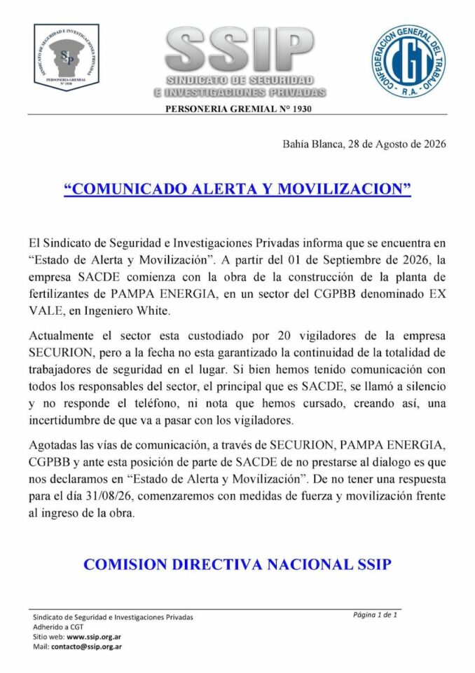 Comunicado del S.S.I.P. sobre Estado de Alerta y Movilización por la continuidad de vigiladores en EX VALE