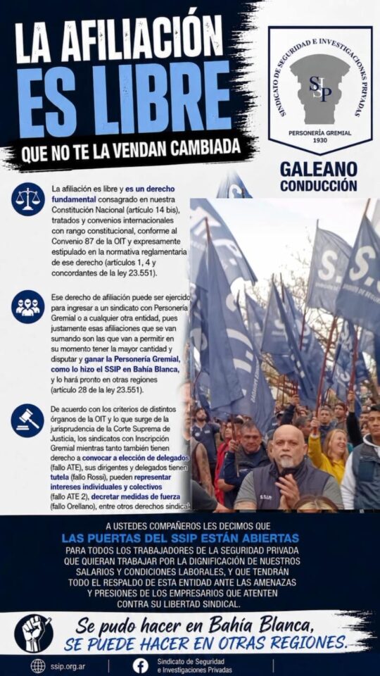 Flyer del S.S.I.P. sobre la libertad de afiliación sindical y los derechos de los trabajadores de seguridad privada