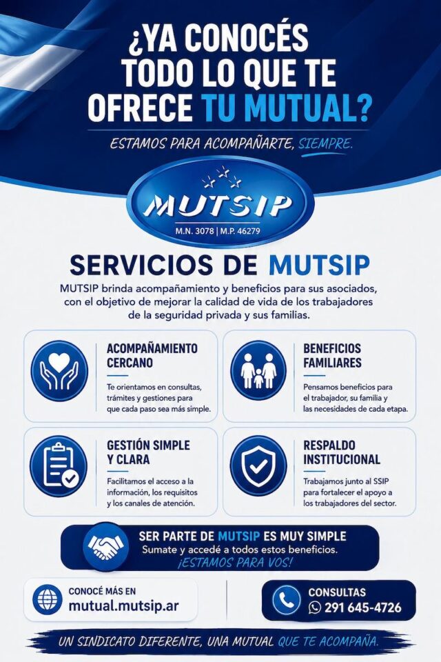 Flyer de MUTSIP con servicios, beneficios familiares, acompañamiento y respaldo para trabajadores de seguridad privada