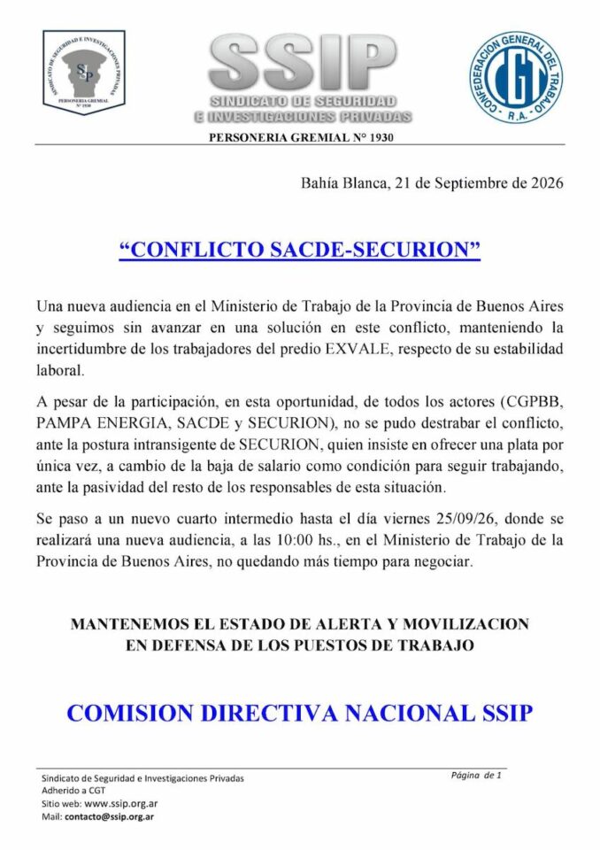 Comunicado del S.S.I.P. sobre una nueva audiencia por el conflicto SACDE–Securion y la continuidad laboral en EX Vale
