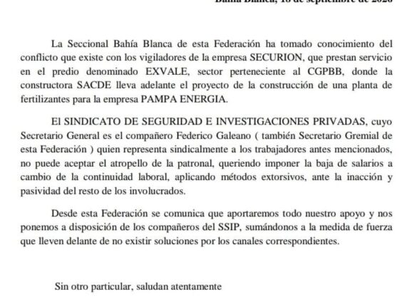 Recibimos el respaldo de FeMPINRA en defensa de los trabajadores de Securion