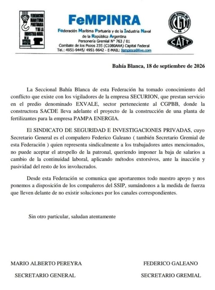 Comunicado de FeMPINRA Bahía Blanca en apoyo al S.S.I.P. por los trabajadores de Securion en EX Vale