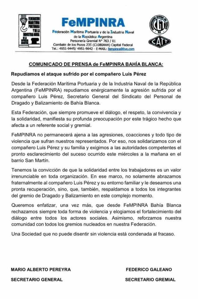 Comunicado de FeMPINRA Bahía Blanca que repudia la agresión a Luis Pérez, firmado por Mario Alberto Pereyra y Federico Galeano.
