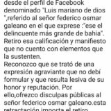 Damos a conocer la retractación pública y las disculpas dirigidas a Federico Galeano