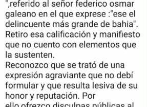 Damos a conocer la retractación pública y las disculpas dirigidas a Federico Galeano