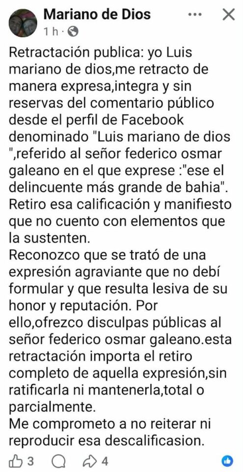 Captura de una publicación de Facebook de Luis Mariano de Dios en la que se retracta de expresiones sobre Federico Osmar Galeano y ofrece disculpas públicas.